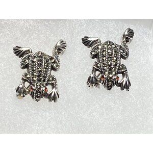 Vintage Two Silver Marcasite Frog Pins with Red‎ Glass Eyes